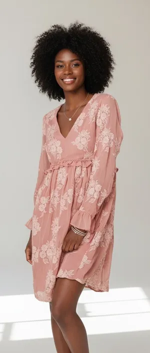 Altard State Dusty Rose Floral Embroidered Ruffle V Neck Mini Dress Long Sleeve thumbnail 1