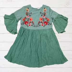 Umgee Embroidered Boho Mini Dress Sage Green Bell Sleeve Babydoll S thumbnail 2