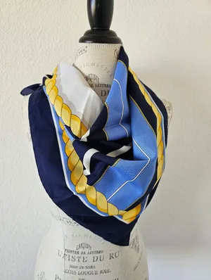 Vintage Nautical Square Scarf Gold Rope Link Navy Blue Sky Blue White 31x31​ thumbnail 3
