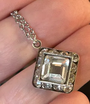Handmade Handcrafted vintage emerald cut halo clear glass stone pendant on chain necklace thumbnail 1