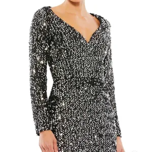 Mac Duggal 26445 Long Sleeve Sequin Gown Black Silver 14 thumbnail 2