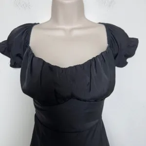 Women‎ Milkmaid Maxi Whimsigoth Dress Large Black Satin Puff Sleeve Ruched Bust thumbnail 4