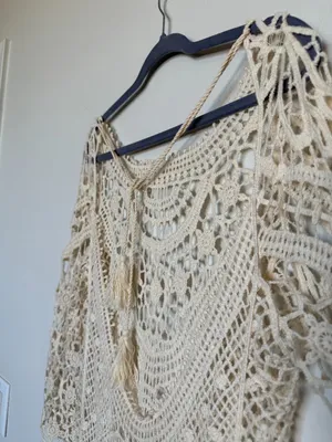 Crochet Knit Cream Bohemian Style Tunic Mini Dress thumbnail 4