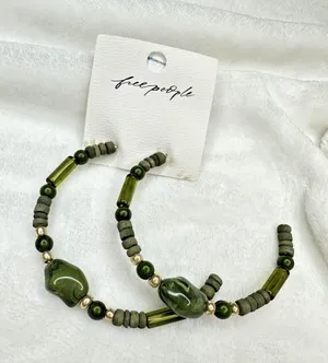 NEW Free People Bom Bom Island Beaded Bohemian Half Hoops in Green Beach Stone thumbnail 1