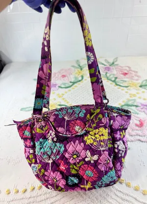 Vera Bradley Purple Floral Quilted Cotton‎ Shoulder Bag Butterfly Print Tote thumbnail 1