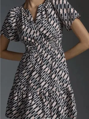 Anthropologie Somerset Cotton Smocked Waist Mini Dress Navy Link Pattern Large thumbnail 2