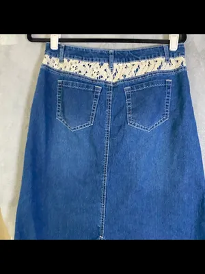 Vintage denim maxi skirt boho festival back slit size 6 Cato cottage lace detail thumbnail 6