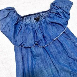 Women's off the‎ shoulder Denim Dress Ruffle Top Vacation mini dress Sz Small thumbnail 3