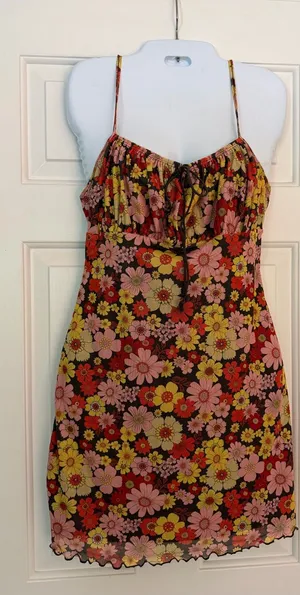SHEIN L Floral Mini Dress Black Pink Red Yellow Cami Mesh Y2K thumbnail 1