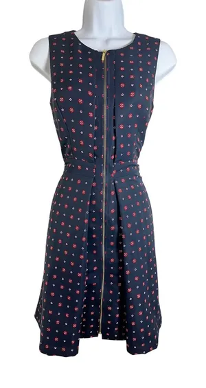 Tommy Hilfiger Navy Blue Red Geometric Floral Front Zip Fit Flare Dress Size 2 thumbnail 1