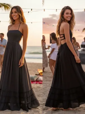 HYFVE Black Halter Smocked Maxi Dress with Tiered Ruffle Hem L thumbnail 2