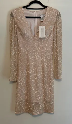 NWT Ashley Lauren Sz 2 Powder‎ Sequin Short Dress V Neck Formal Pageant Prom thumbnail 1
