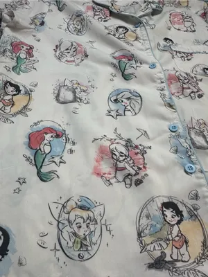 Disney Cream Short Sleeve Top with Multicolor Princess & Mermaid Sketches M thumbnail 8