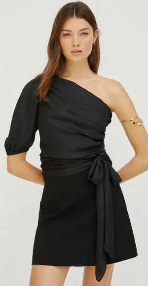 Anthropologie Dolan‎ Black Ruched One Shoulder Top, Medium thumbnail 1