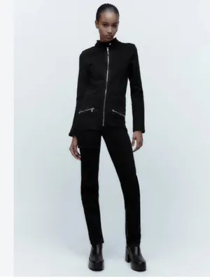 NWT ZARA Black Zip Denim Jumpsuit Long Sleeve Moto Utility XS 8197/247 Stretch thumbnail 3