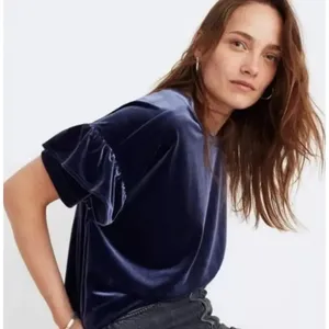 Madewell Women's XS Blue Velvet Ruffle‎ Sleeve Tee Casual Fall Top thumbnail 1