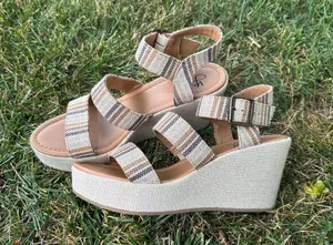 Y Not Bea Strappy Wedge Textured Sandals Womens 9 Natural Stripes Boho Platform thumbnail 10