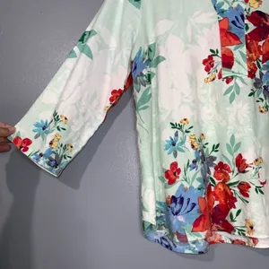 Van Heusen Mint Green & Orange Floral Linen Blend Split Neck Blouse M thumbnail 5
