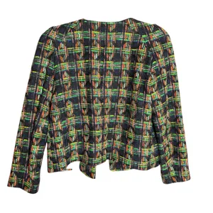 ZARA WOMAN Multicolor Plaid Tweed‎ Collarless Blazer Jacket Shoulder M thumbnail 4