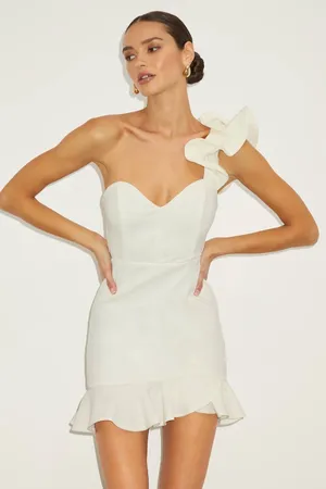 NWT Lulus Captivate Me White One-Shoulder Ruffled Trumpet Mini Dress Party Sz L thumbnail 1