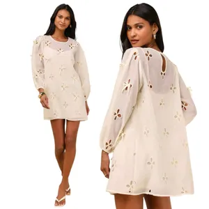 Lulus Aamira Cream Embroidered Bow Blouson Sleeve Shift Mini Dress size S NWOT thumbnail 2