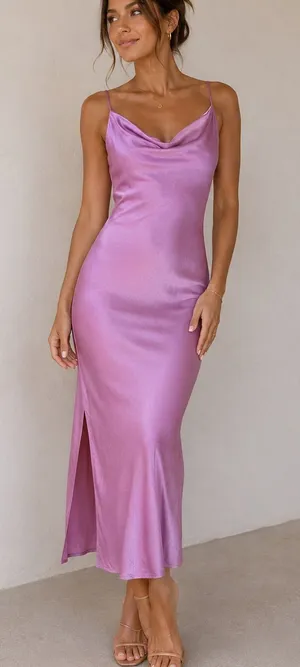 Ciebon Pink Satin Cowl Neck Slip Maxi Dress Medium thumbnail 1