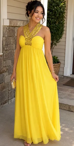 Dusk Collection by shella yen Yellow Beaded Halter Empire-Waist Maxi Dress thumbnail 1