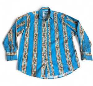 Wrangler Vintage Aztec Brushpopper Navajo Western Cowboy Shirt Turquoise Blue Pearl Snap Rodeo 90s Men XL - measurement in pics thumbnail 1