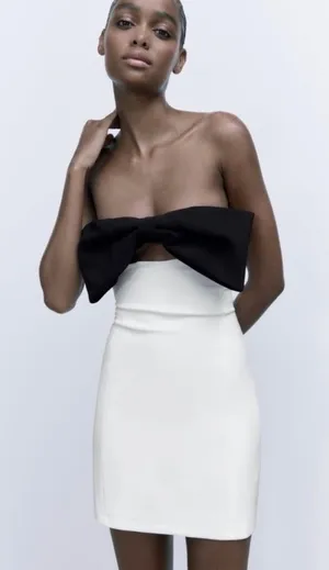 Zara Strapless Dress with Black Bow on White thumbnail 1