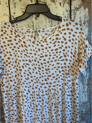Women’s short sleeve ruffle spotted print dress size small tan and white thumbnail 2