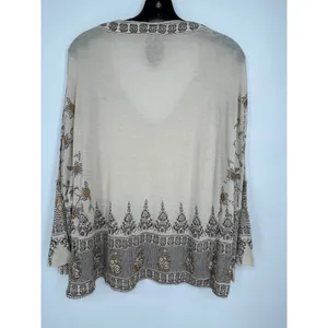 Free People Linen Blend Metallic Border Print Bell Sleeve Top Women S Cream thumbnail 2