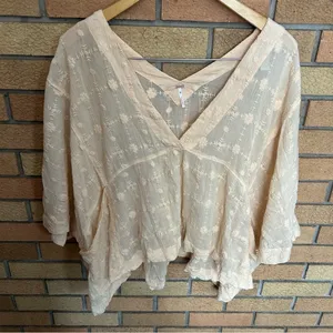 Free People Amber Skies Embroidered Floral Peach Cream Oversized Top Sheer M thumbnail 3