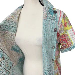 Handmade Reversible Paisley Boho Patchwork Button Top Short Sleeve Medium Fit Red thumbnail 5