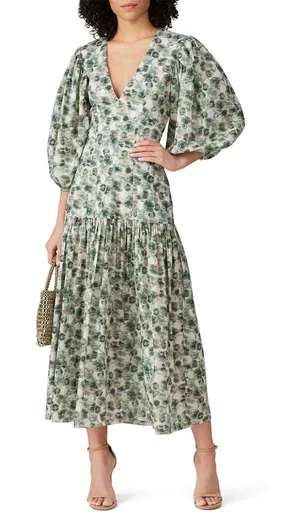 MARYSIA Green White Floral Printed 100% Cotton Drop Waist Imperialis Dress M thumbnail 1