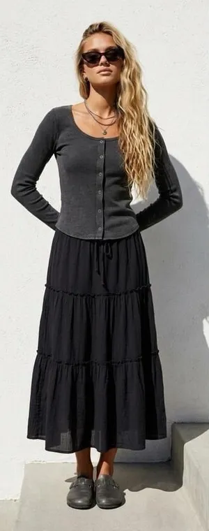 Pink Rose Top Women Blouse Gray Ribbed Knit Button-Up Scoop Neck Top M Long Sleeve thumbnail 1