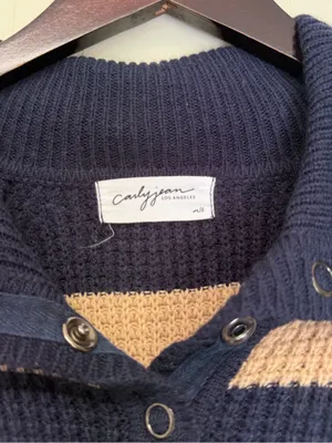 CARLY JEAN Los Angeles Blue Tan Stripe Collar Button Sweater Medium/Large thumbnail 5