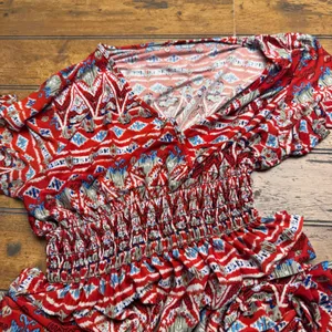 West Loop Red Tribal Print Smocked Waist V-Neck Maxi‎ Dress XL thumbnail 3