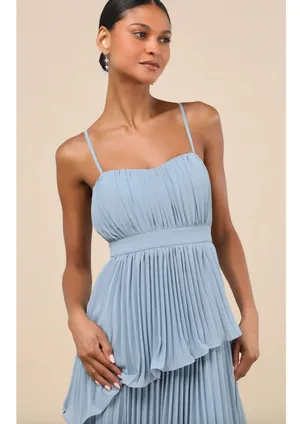 Lulus Jehona Dusty Blue Pleated Tiered Maxi Dress Long Formal A Line Small NWT thumbnail 2