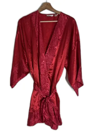 Victorias Secret Robe Womens One Size Red Satin Jacquard Floral Kimono Belted‎ thumbnail 1