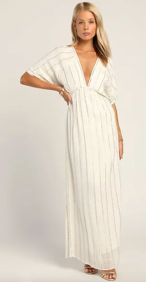 Lulus Goddess Vibes Ivory Gold Striped Dolman Sleeve Maxi Dress Resort XS NWT thumbnail 1