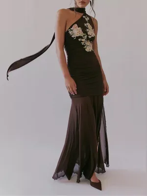 SAEMDI Mesh Embroidered Brown Floral Maxi Dress thumbnail 2