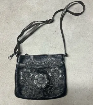 Vintage Brighton Embroidered Floral Black Peddled Leather Crossbody Purse thumbnail 1
