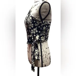 Free People Carmen One Shoulder Tie Waist Tropical Black And Ivory Floral Medium thumbnail 7