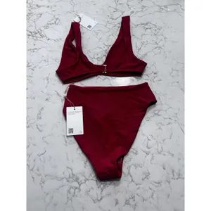 NWT Quince Cherry Red Italian Plunge Bikini Top & High Rise High Leg Bottom Set thumbnail 2