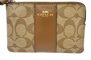 Coach Corner Zip Wristlet In Signature Canvas‎ Gold/Khaki Saddle 2 Wallet thumbnail 1