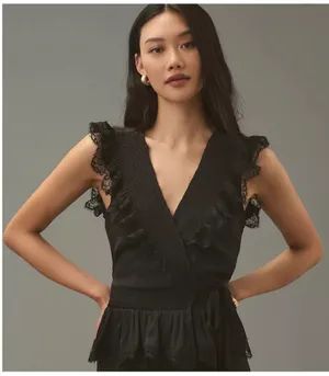 Anthropologie lace trim flutter wrap top thumbnail 1