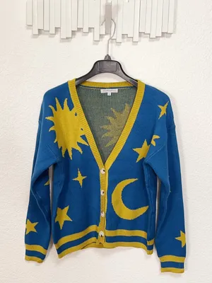 Miss Sparkling Blue Celestial Sun Moon Star Button Front Knit Cardigan thumbnail 2
