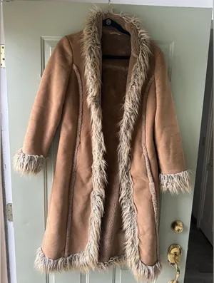 Faux Suede Tan Women's Long Coat with Faux Fur Trim thumbnail 1