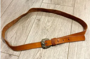 Vintage Tan Genuine Leather Belt Brass Distressed Buckle Made in Italy 40/42 thumbnail 1