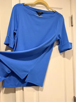 NWOT LRL Ralph Lauren Size L Blue Top Cuffed Short Sleeve Stretch Classic Logo thumbnail 5